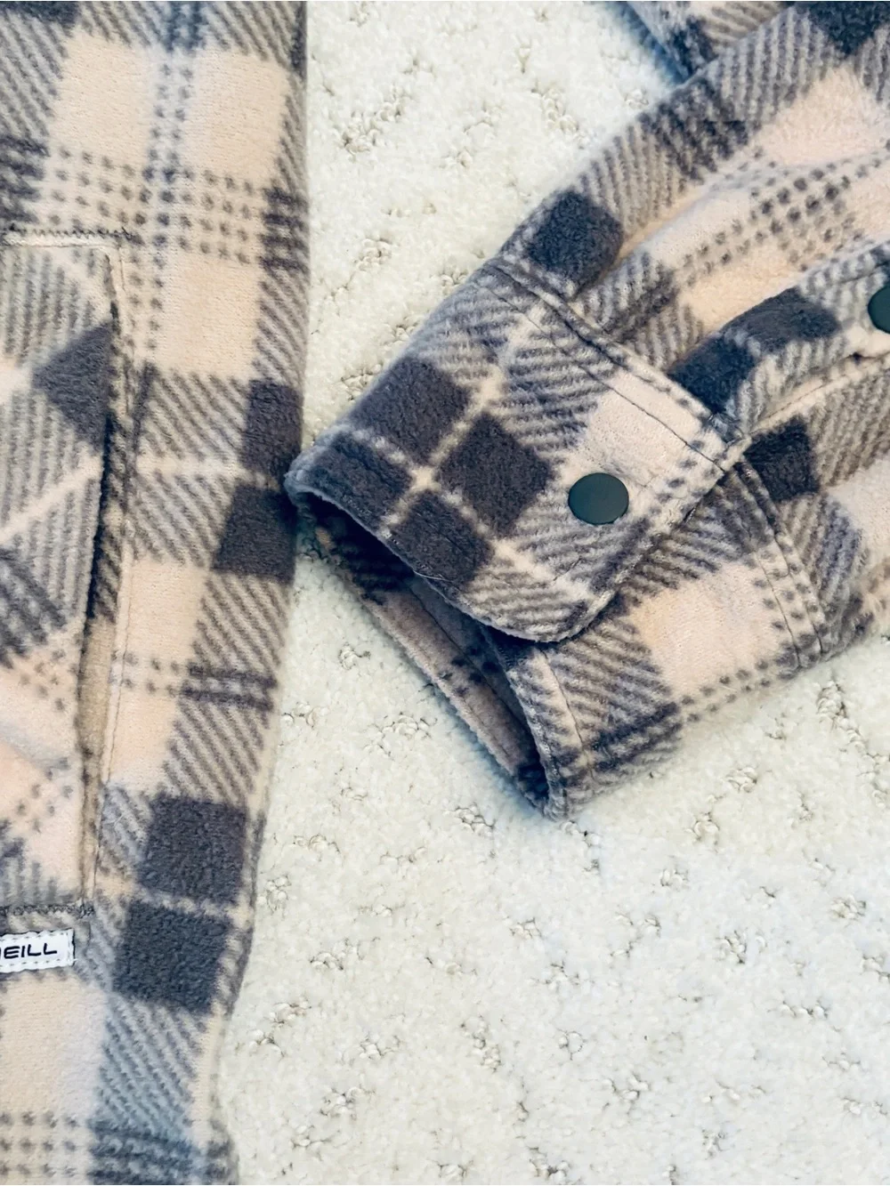 ONeill Soft Fleece Plaid Long Sleeve Snap Shirt Womens Large Pink Grey Pockets - Picture 9 of 13